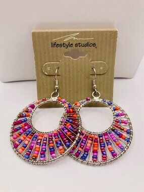 Lifestyle Studio Beaded Hoop Earrings Pink Purple Orange Beads -69B